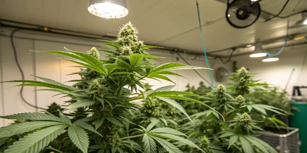 Mint cannabis strains flowering in outdoor cultivation field