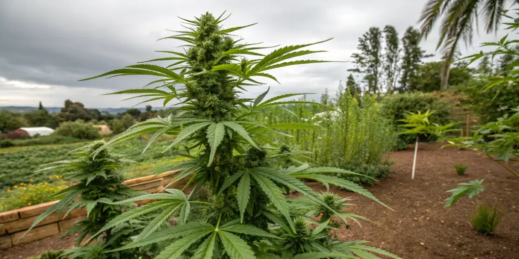 Mint strain for relaxing cannabis plant growing outdoors in garden with natural light and dense buds