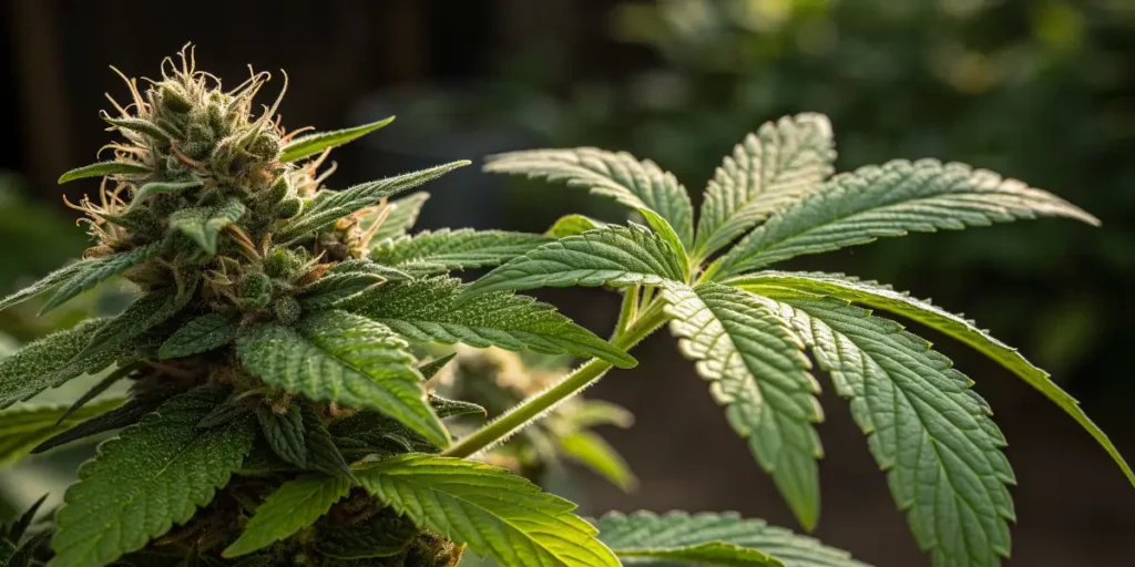 close up of cannabis flower and leaves with visible trichomes