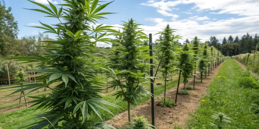 rows of cannabis plants growing outdoors in cultivated field