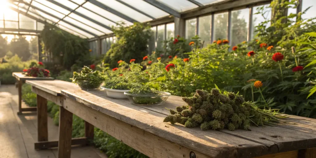freshly harvested mint weed strains displayed on wooden table in greenhouse