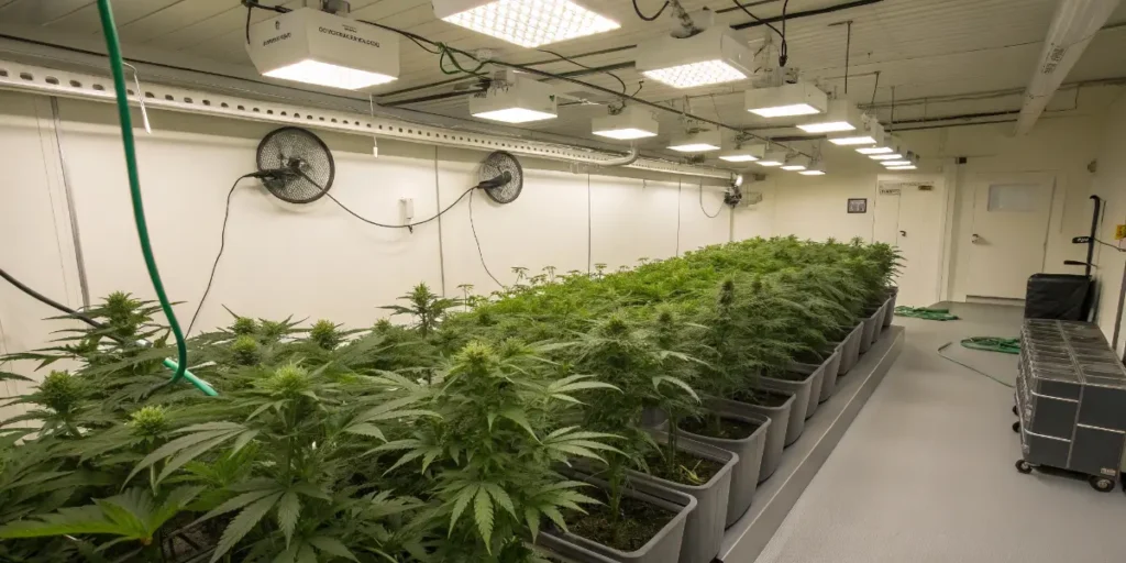 large indoor cannabis cultivation room with rows of plants