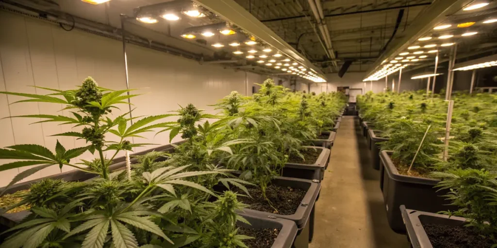 cannabis plants growing indoors under LED lighting system