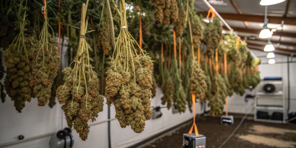 Moby Dick Auto buds hanging upside down in indoor drying room after harvest