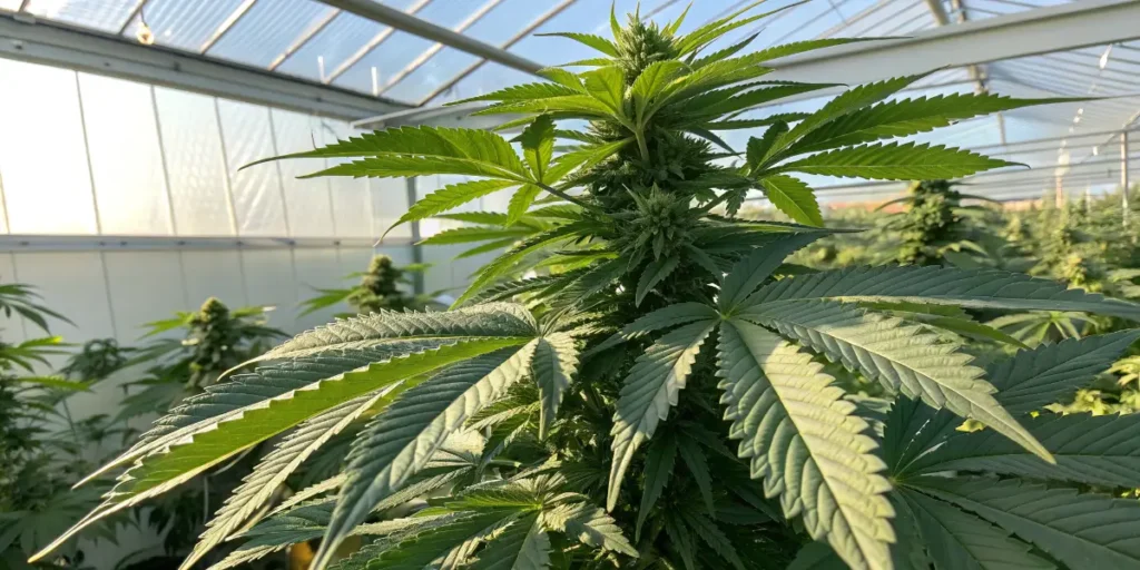 Moby Dick Auto plant in vegetative stage growing inside bright greenhouse