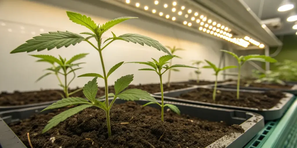 Mochi Gelato seedlings growing in soil trays under LED propagation lights