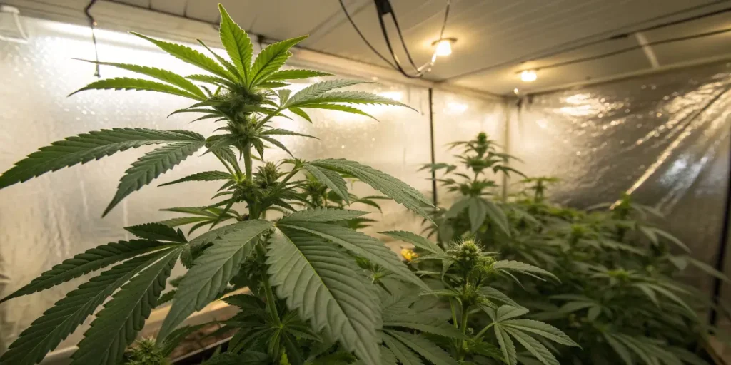 Motor Breath cannabis plant in vegetative stage under bright LED grow lights