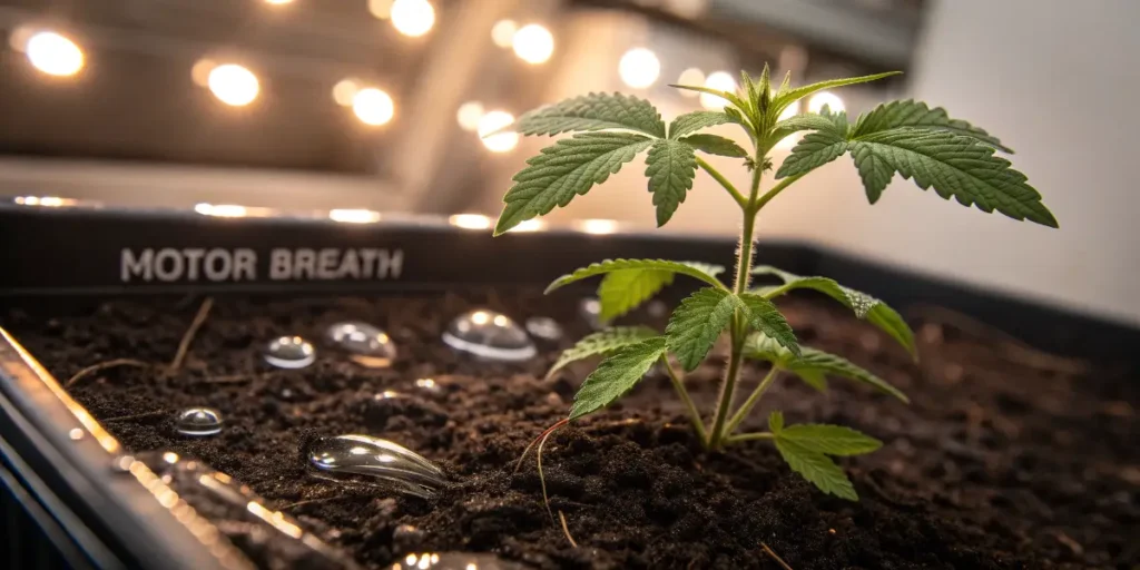 Motor Breath seedling growing in moist soil under warm indoor lights