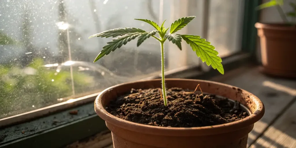 Narkosis seedling growing in terracotta pot by sunlit window
