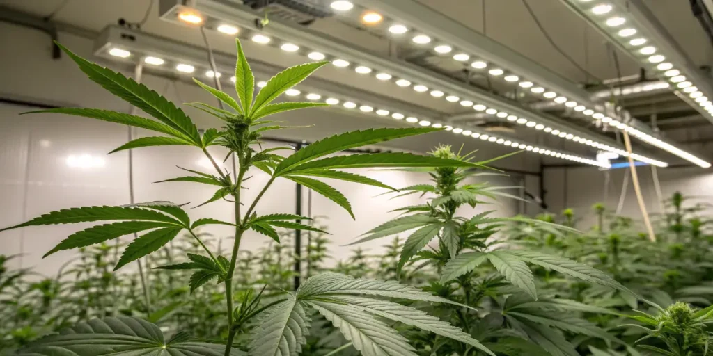 Narkosis cannabis plant in vegetative phase under indoor LED lighting