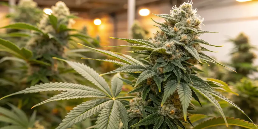 Close-up of Nikki & Swami’s Lemon OG buds with thick trichome coverage