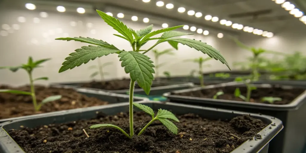 Nikki & Swami’s Lemon OG seedling growing indoors under LED lights