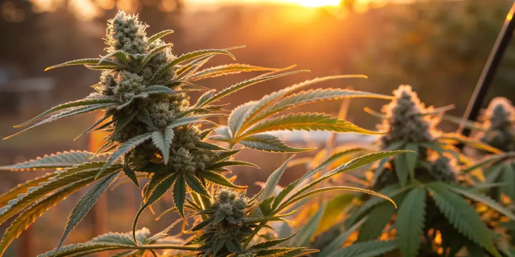 Close-up of Nikki & Swami’s Maracuya buds with heavy trichome coverage