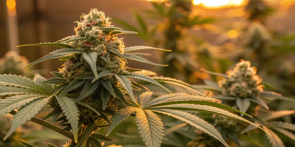 Nikki & Swami’s Maracuya cannabis plant flowering in greenhouse at sunset