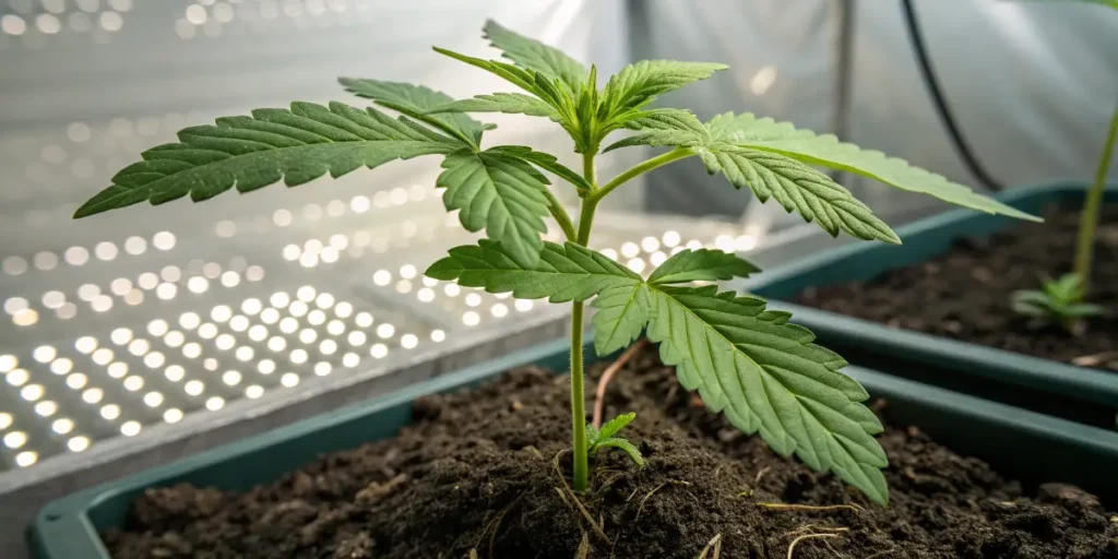 NL5 Haze Mist seedling growing in soil under LED lights