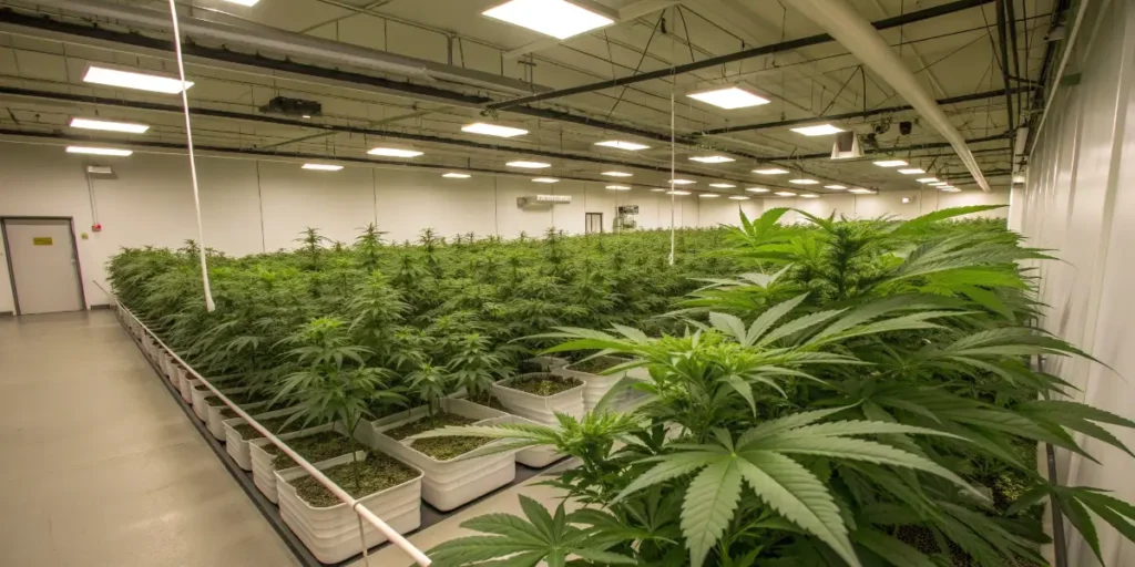 Large indoor cannabis cultivation facility with rows of plants