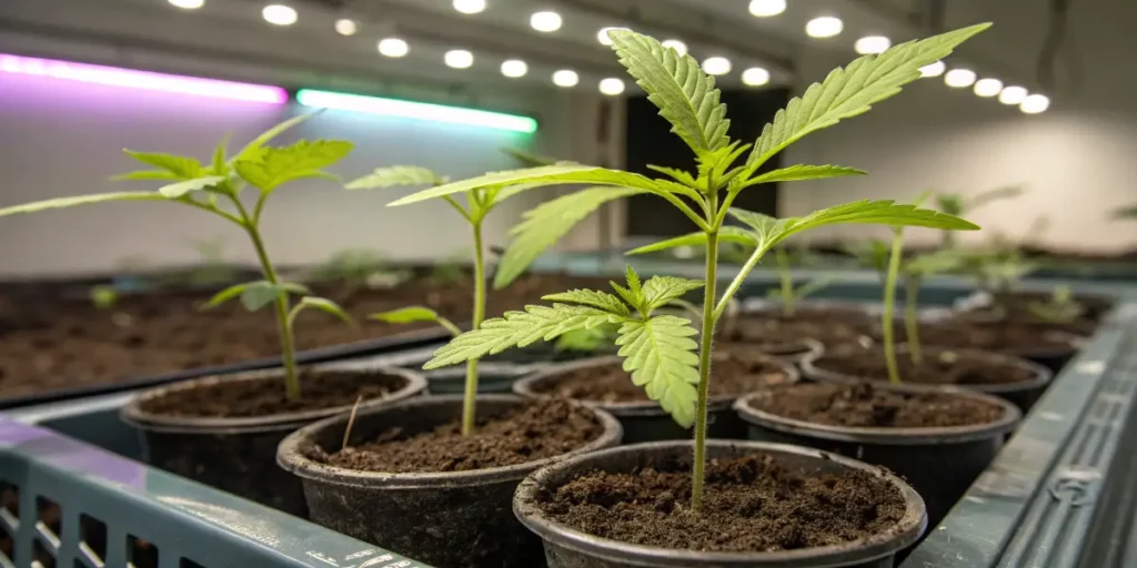 Young cannabis seedlings growing indoors under LED lights