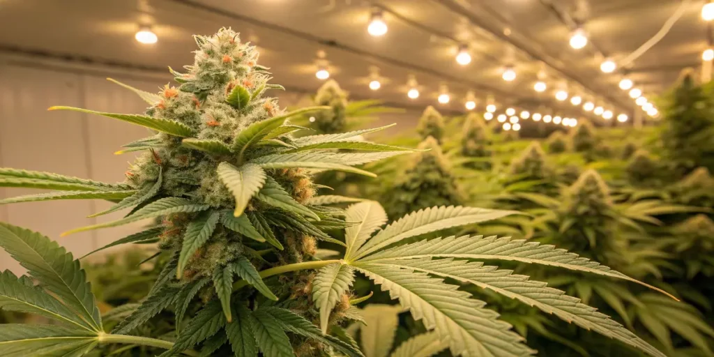 Northern Light cannabis plant with dense resinous buds growing indoors