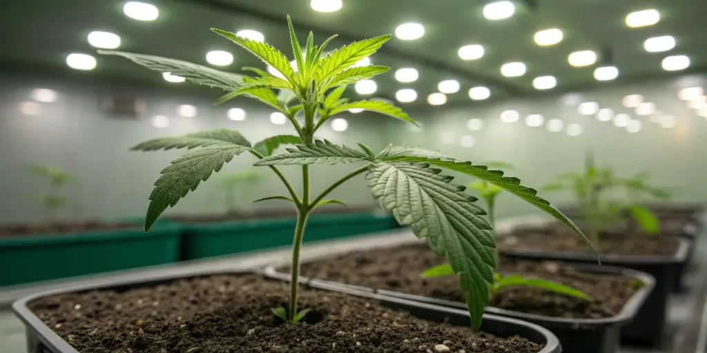 Young Northern Light cannabis seedling growing in soil under grow lights
