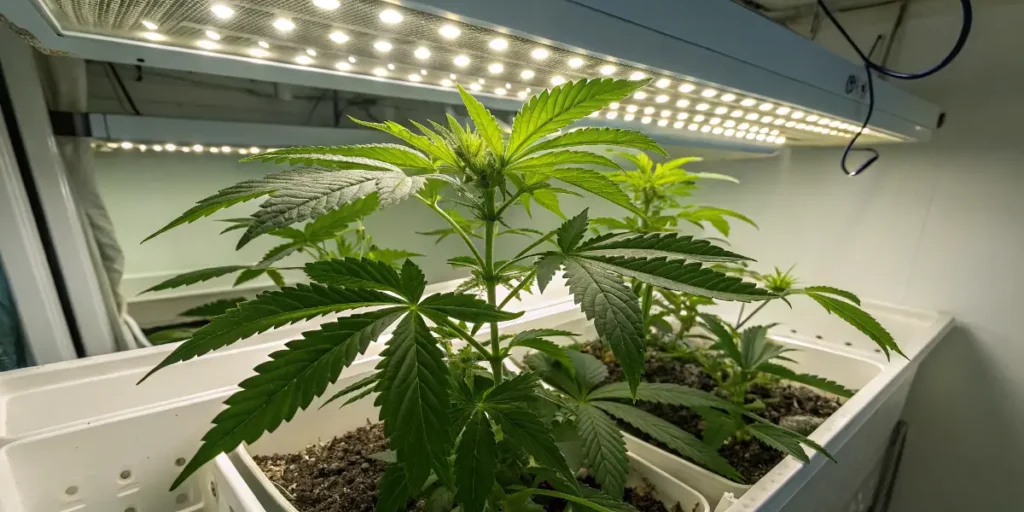 Northern Light cannabis plant growing in vegetative stage under LED lights