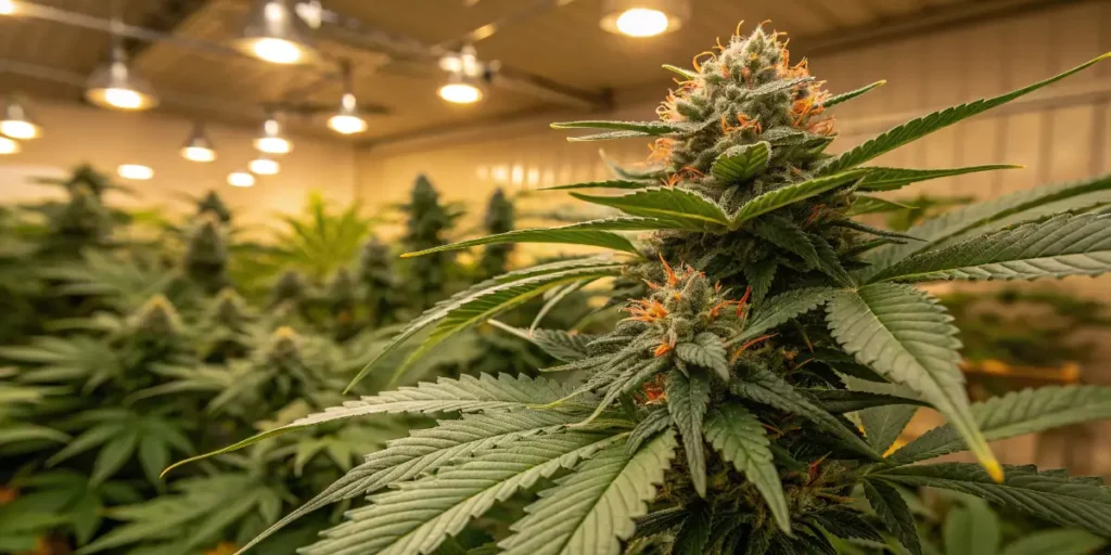 Northern Lights cannabis plant with dense frosty buds indoors