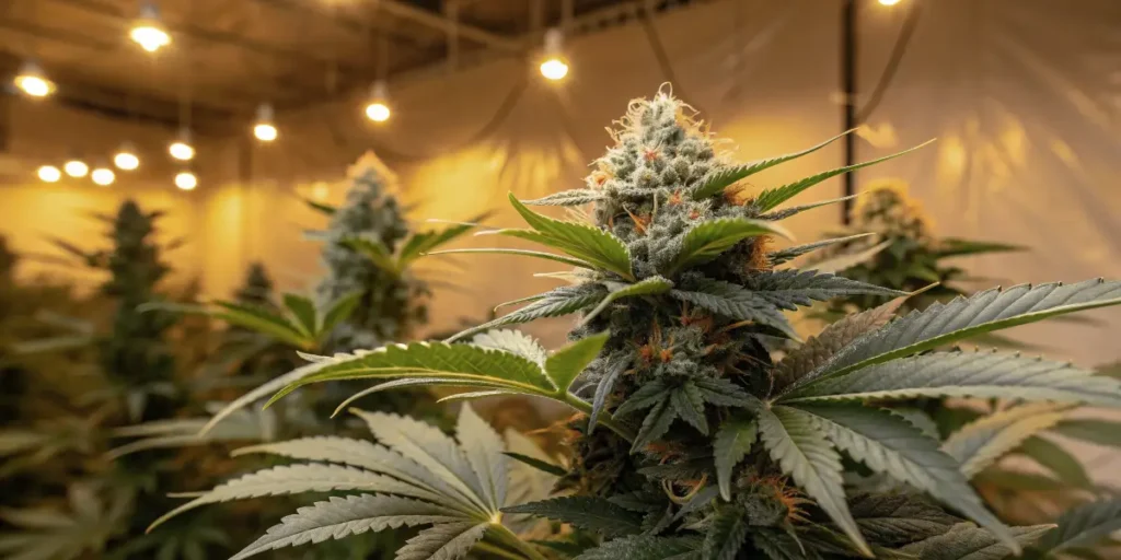 Northern Lights cannabis cola developing indoors under grow lights