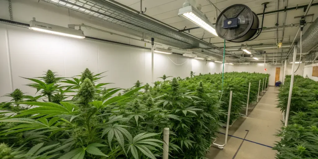 Obama Kush cannabis plants growing in large indoor cultivation facility