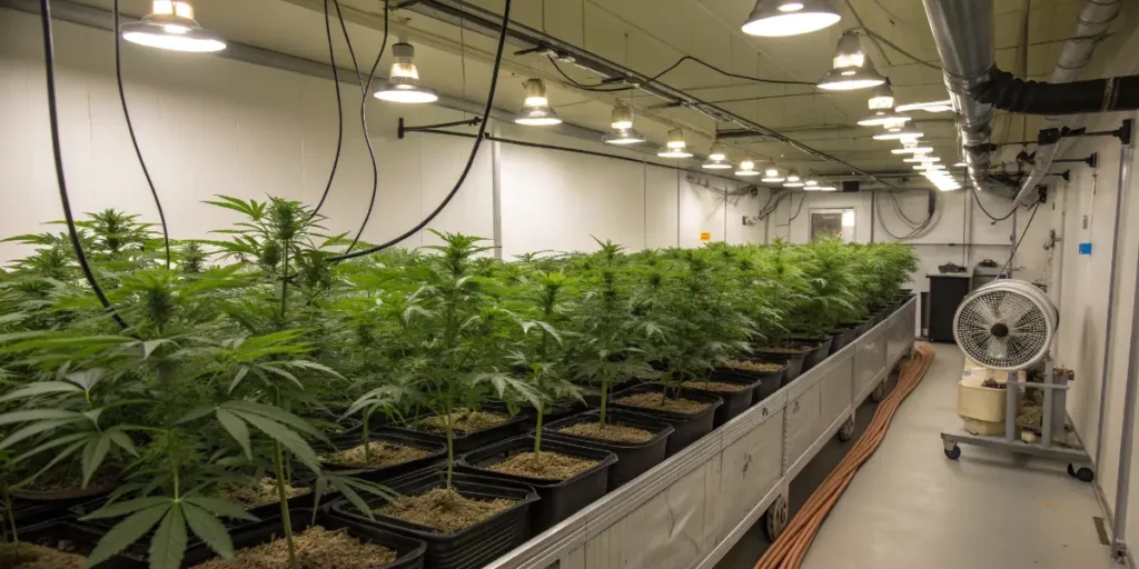 Obama Kush cannabis plants growing indoors in controlled cultivation room