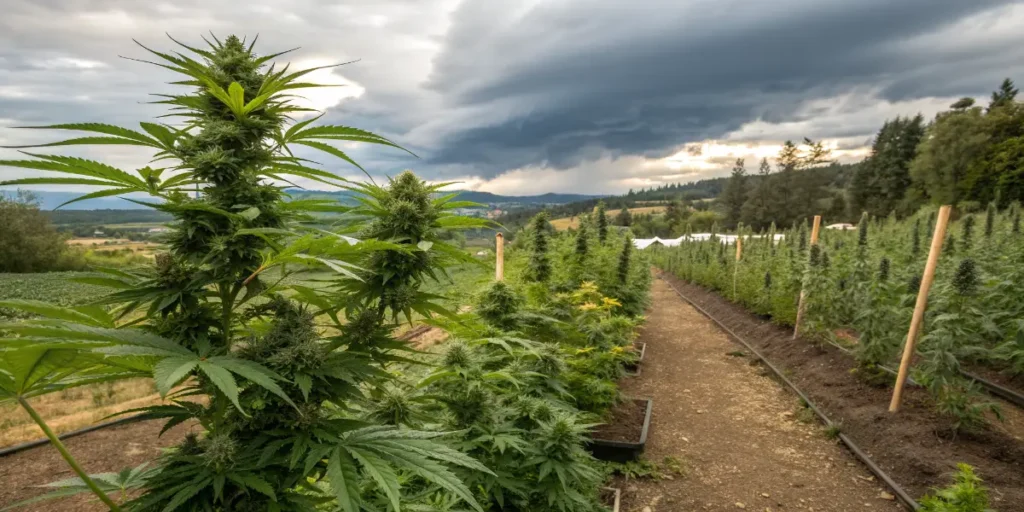 Obama Kush cannabis plants growing in outdoor farm rows under cloudy sky