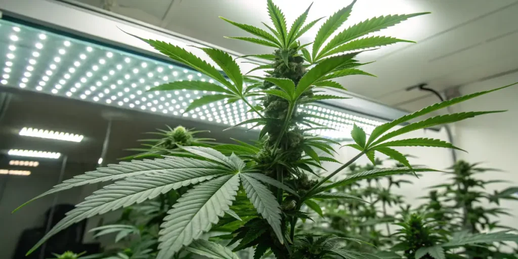 OG Kush Auto cannabis plant growing indoors under LED grow lights