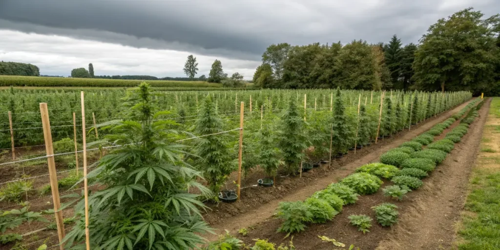 OG Kush Auto cannabis plants growing in structured outdoor farm rows
