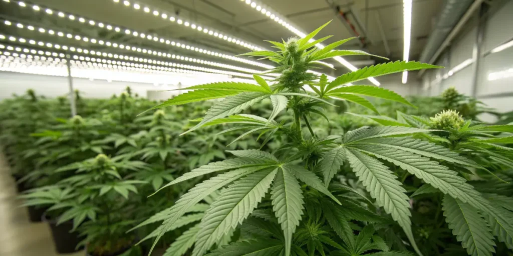 Orange Bud cannabis plants growing in indoor cultivation room