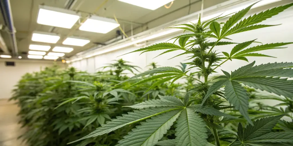 Indoor cultivation of Orange Bud cannabis plants under grow lights