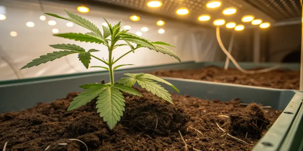 Orange Sherbet Auto seedling developing under indoor grow lights