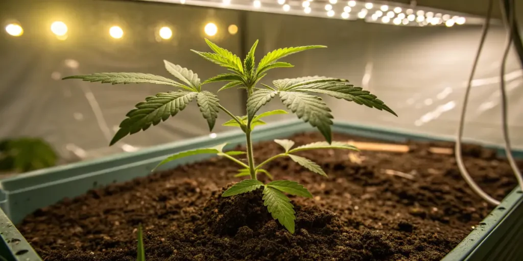 Orange Sherbet Auto cannabis seedling growing in soil under LED lights