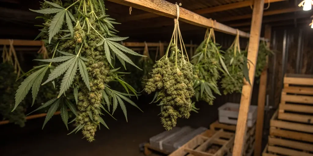 Orient Auto cannabis buds hanging to dry after harvest