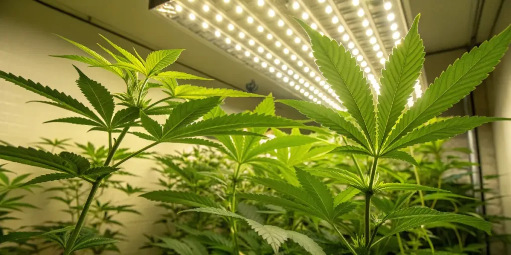 Orient Auto cannabis plants growing under LED lights indoors