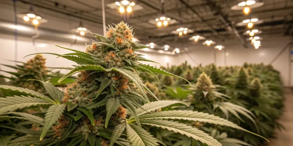 Orka cannabis plant with dense buds in indoor grow facility