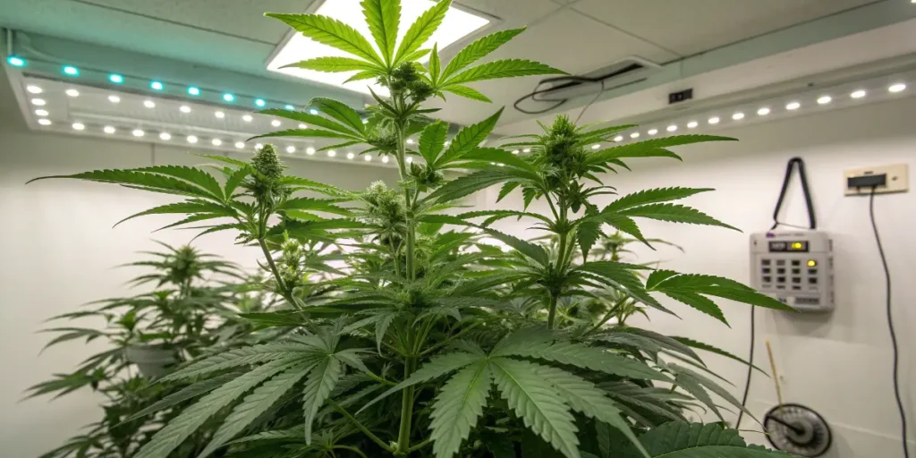 Orka cannabis plant growing indoors under LED grow lights
