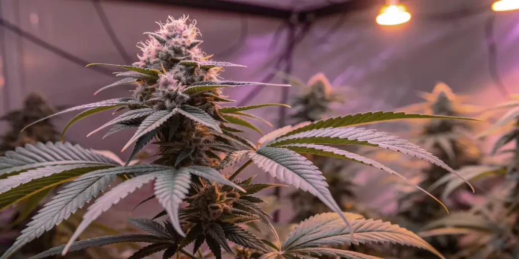 Passion #1 cannabis plants flowering under indoor grow lights