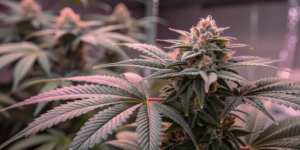 Peanut Butter Breath Auto cannabis plant with dense frosty buds indoors