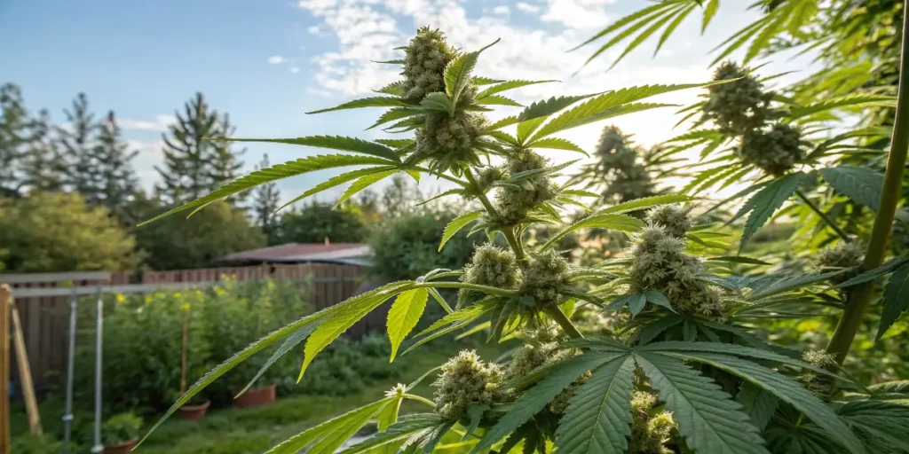 Peppermint cannabis plant flowering in outdoor garden