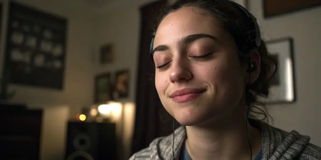 young woman relaxing with headphones and closed eyes at home