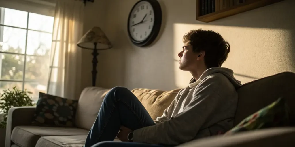 young man sitting on couch near window looking outside