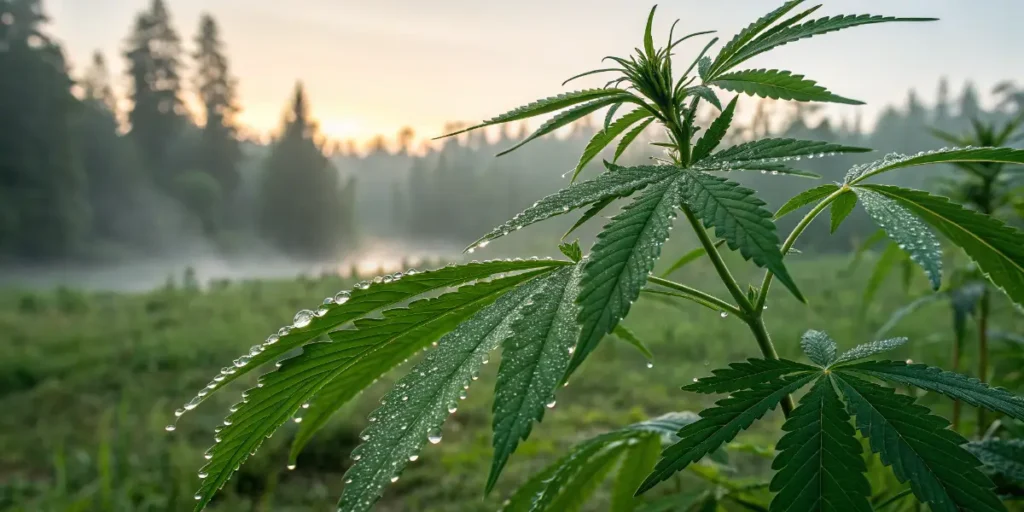 Pineal Gland symbolism with cannabis leaf covered in morning dew at sunrise
