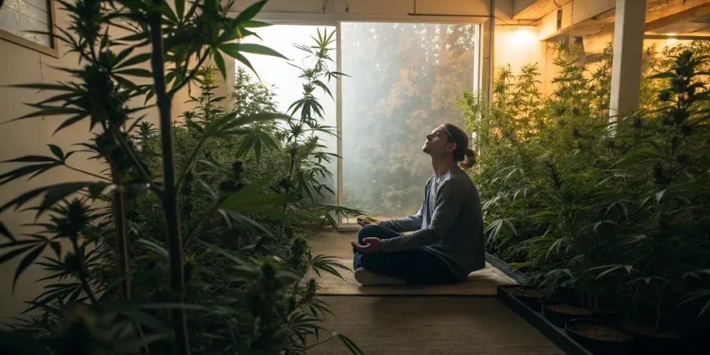 Pineal Gland concept with person meditating among indoor cannabis plants