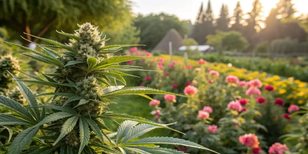 cannabis bud growing in outdoor garden with flowers