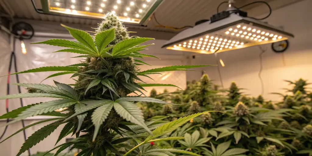 Relaxing mint cannabis plant flowering indoors under LED lights