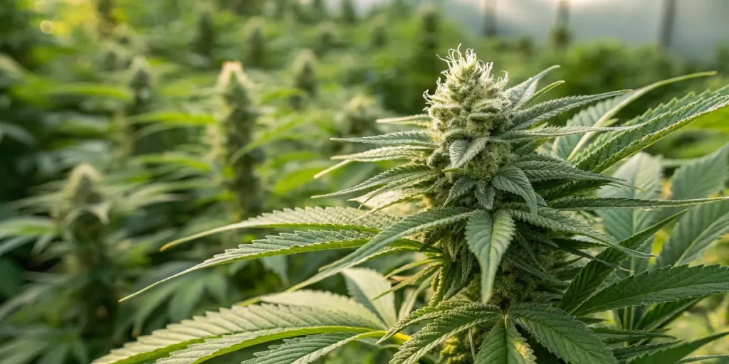 close up of sativa dominant mint cannabis bud in outdoor field