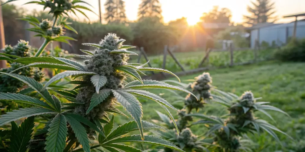 sativa dominant mint cannabis plant growing outdoors at sunset